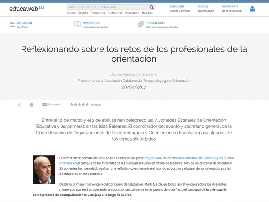 Art&iacute;culo de Jaume Francesch i Subirana en educaweb* sobre las V Jornadas Estatales de Orientaci&oacute;n Educativa en Palma