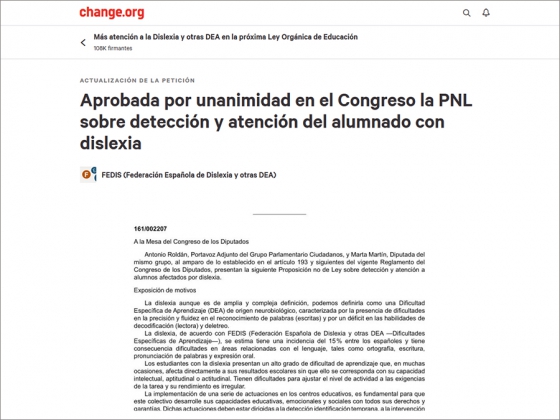 Aprobada por unanimidad en el Congreso la PNL sobre detecci&oacute;n y atenci&oacute;n del alumnado con dislexia