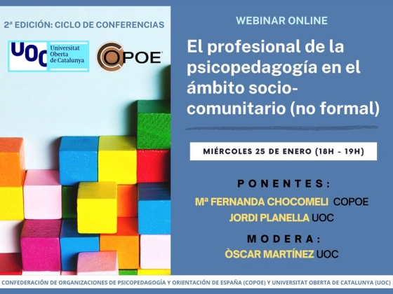 V&iacute;deo del webinar "El profesional de la psicopedagog&iacute;a en el &aacute;mbito socio-comunitario (no formal)" organizado por UOC y COPOE el 25 enero