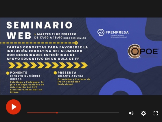 V&iacute;deo del seminario web "Pautas concretas para favorecer la inclusi&oacute;n educativa del alumnado con necesidades espec&iacute;ficas de apoyo educativo en un aula de FP"