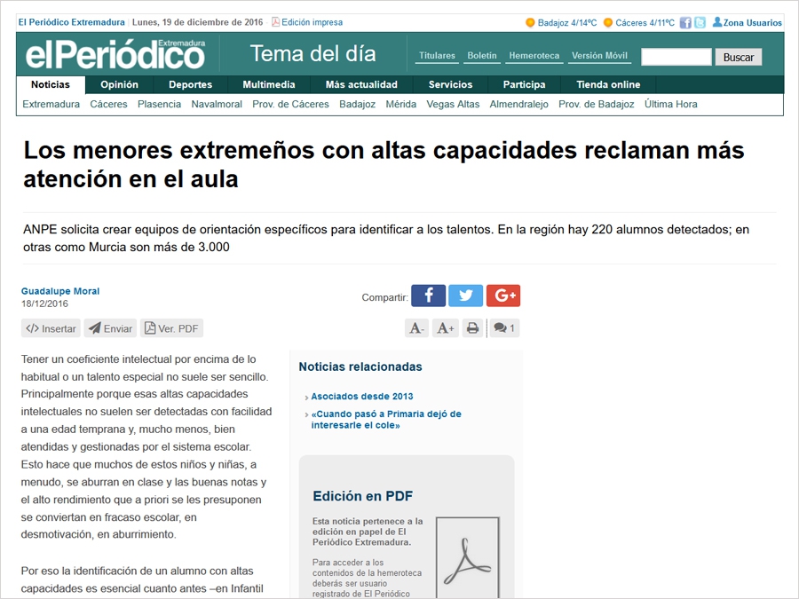 Elisa Jim&eacute;nez, presidenta de APOEX, habla del alumnado con altas capacidades en El Peri&oacute;dico de Extremadura