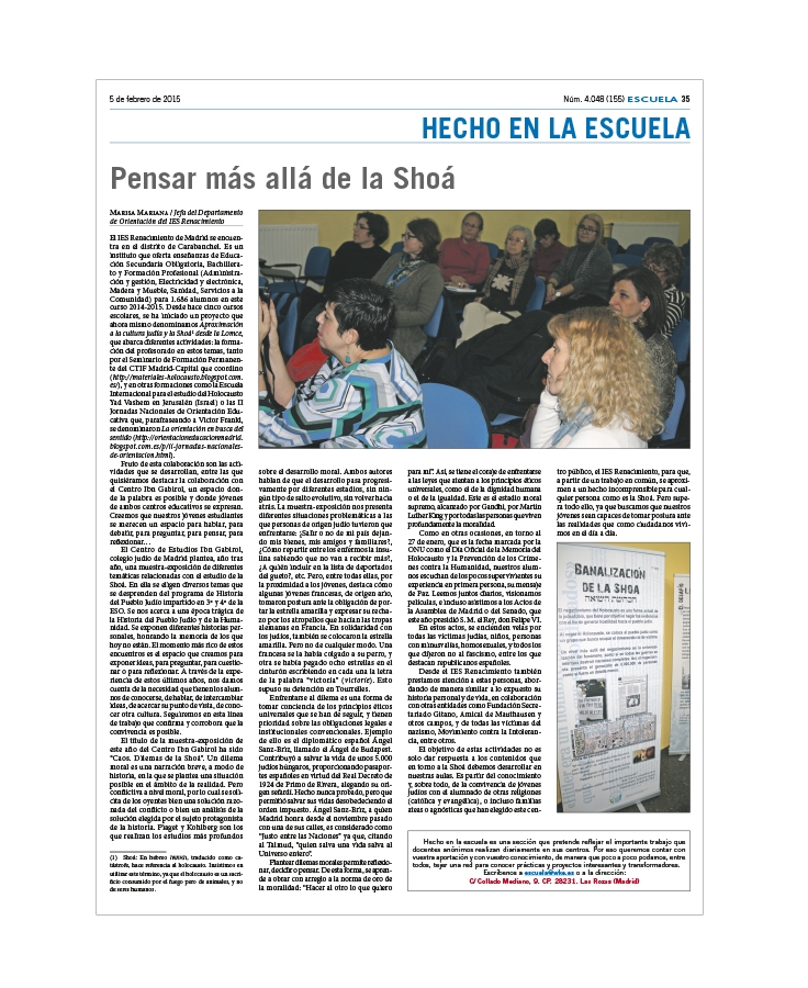 Articulo publicado en ESCUELA en torno a la Sho&aacute; en coordinaci&oacute;n con diferentes entidades